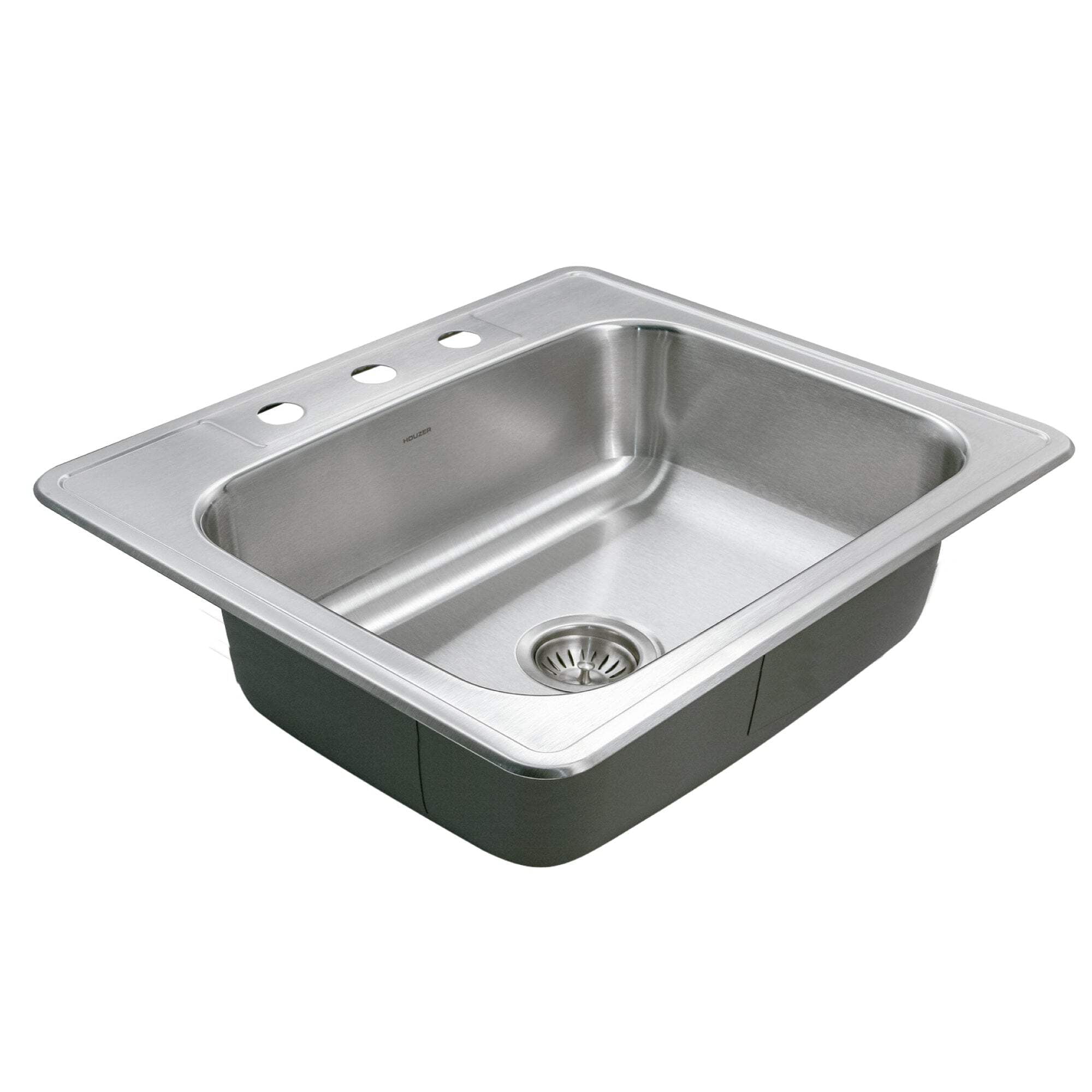 Houzer Glowtone 25 inch Stainless Steel Drop-in Topmount 3-hole Single Bowl 8 inch Deep Kitchen Sink - 2522-8BS3-1