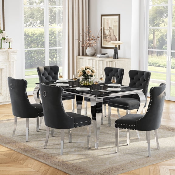 7-Piece Dining Table Set for 6, 59.06" Rectangular Black Glass Table with Velvet Chairs, Modern Dining Room Furniture