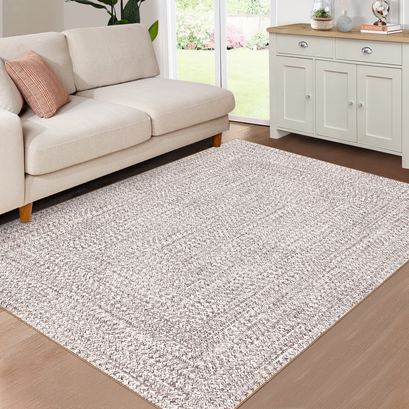 Garvee 3'x5' Area Rugs Braided Print Rugs, Machine Washable Indoor Rug Non-Slip Low Pile Farmhouse Solid Carpet for Bedroom, Living Room, Dining Room Office, Beige