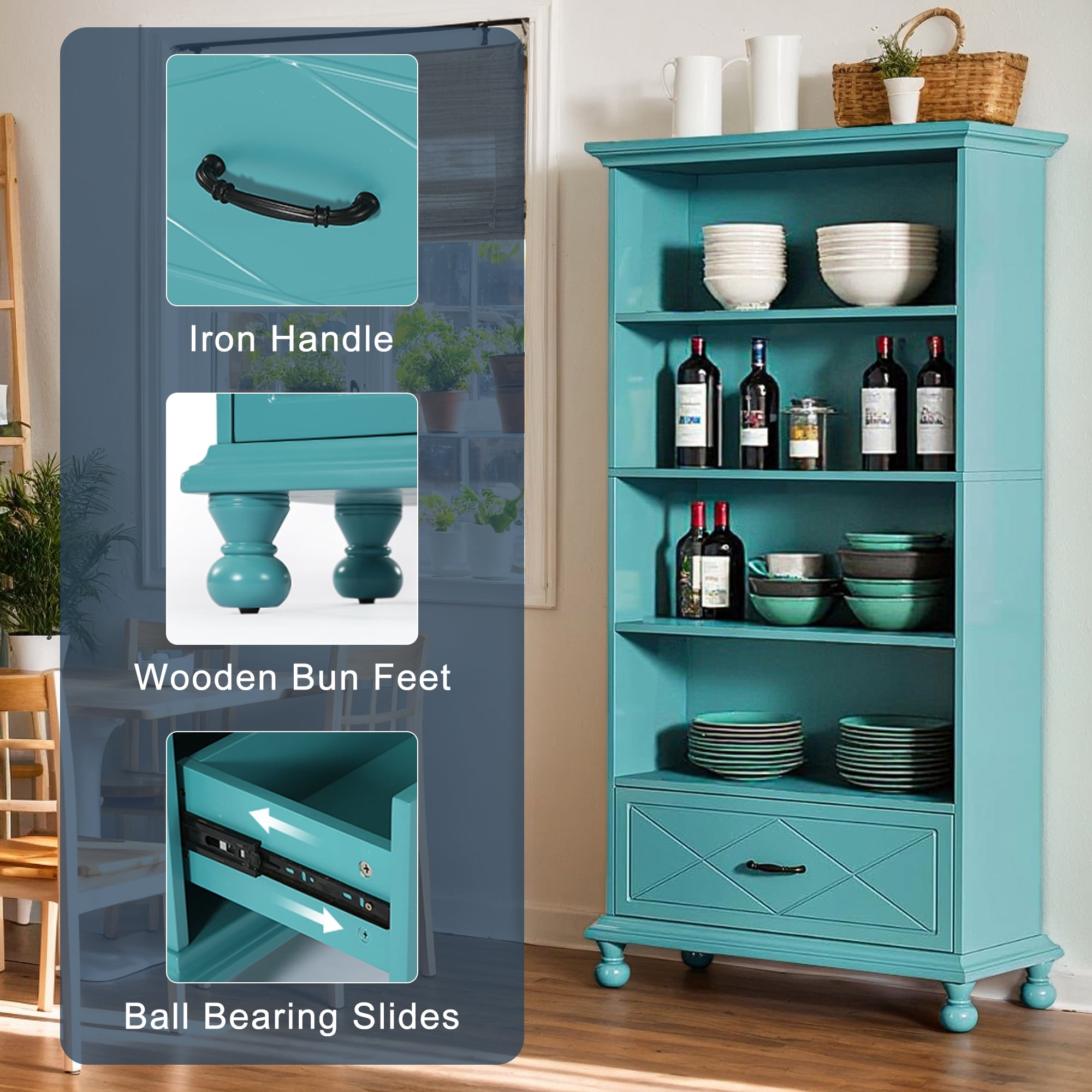 Demi Bonn 6-Shelf Bookcase with Drawer, 71" Bookshelf with Solid Wood Legs for Bedroom, Living Room, Ocean Blue