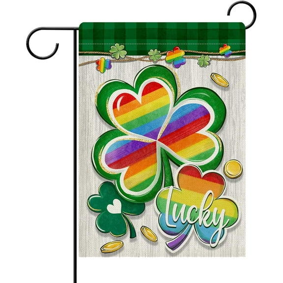 St Patricks Day Luck Shamrock Clover Decorative Garden Flag, Rainbow Gold Coin Farmhouse Yard Outside Home Decorations, Spring Irish Plaid Burlap Outdoor Small Decor Double Sided 12 x 18