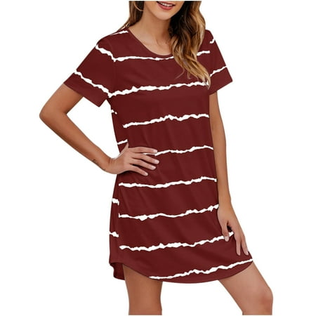 

Pajamas for Women Casual Striped Crewneck Short Sleeve Pullover Shirt Dress Ladies 2023 Comfy House Dress Homewear