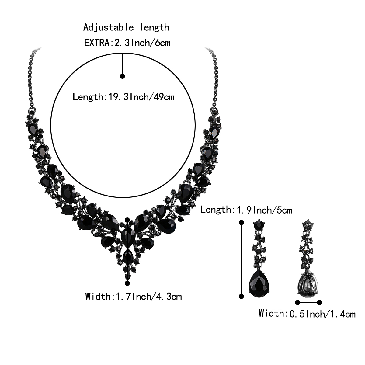Wedure Wedding Bridal Necklace Earrings Jewelry Set for Women, Austrian Crystal Teardrop Cluster Statement Necklace Dangle Earrings Set Black Black-Silver-Tone - image 5 of 5