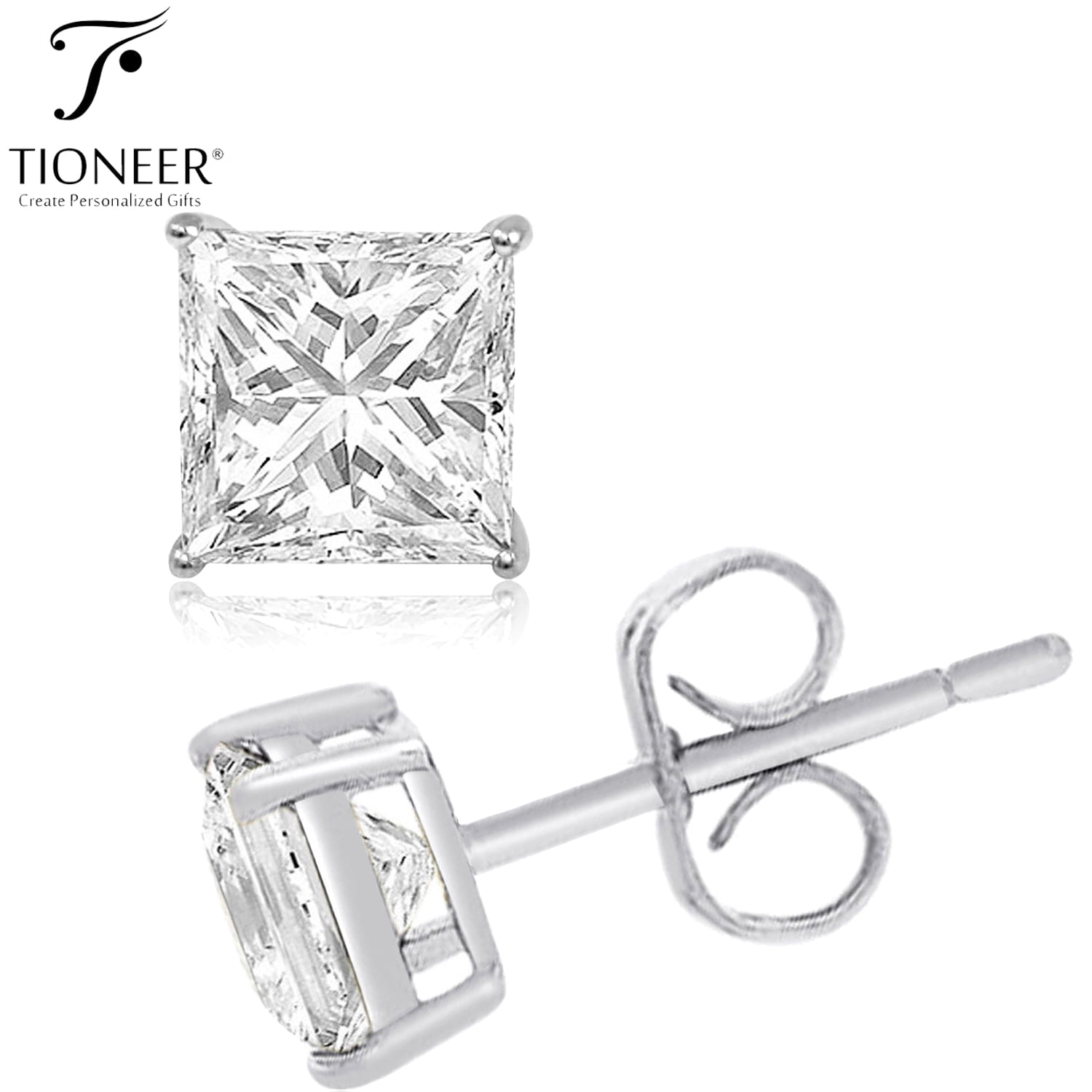 Sterling Silver 925 Solid Square Princess Cut Cubic Zirconia Stud Gift Earrings 