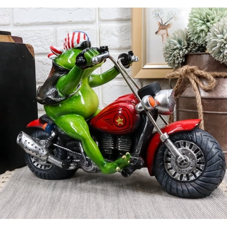 10 L Born To Ride Patriotic USA Biker Frog Riding Red Chopper Motorcycle Statue