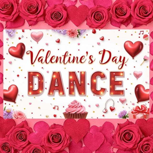Red Heart Design Valentine Dance Banner Pink Cupcake Pattern Love Display Rose Decor Musical Note Romantic Backdrop for Valentine's Party Dance Evening Romantic Date