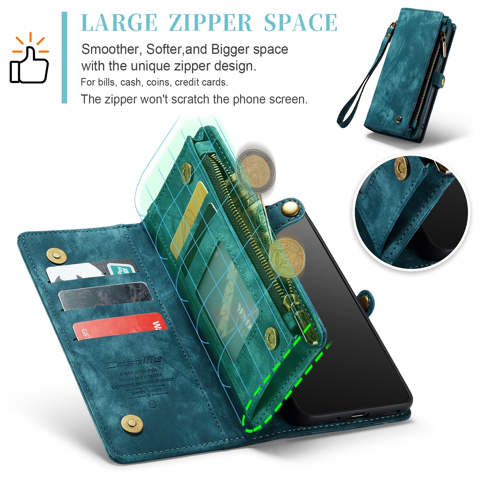 Feishell Durable 2-In-1 Magnetic Detachable Wallet Case for Samsung Galaxy S20+,for Women Men,Premium PU Leather Zipper Pocket Flip Multi Card Slots Purse Phone Case with Wrist Strap,Green