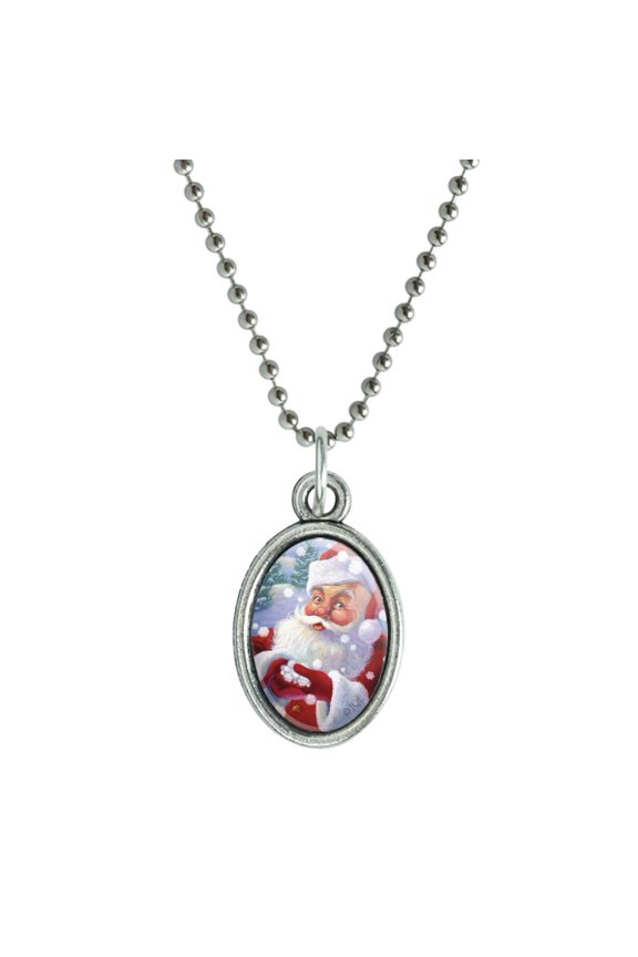 Christmas Holiday Santa Catching Snowflakes Antiqued Oval Charm Pendant with Chain