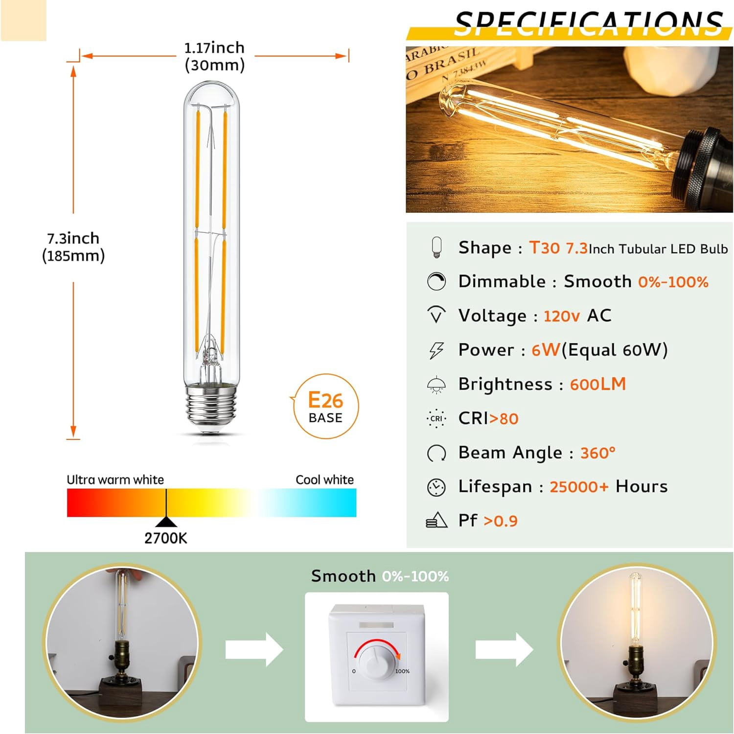 Tubular Light Bulb 7.3 Inch Dimmable T10 LED Bulb E26 6W 60 Watts Edison Bulbs 2700K Solf White,185mm Long for Wall Sconces, Pendant, Livingroom, 8-Pack