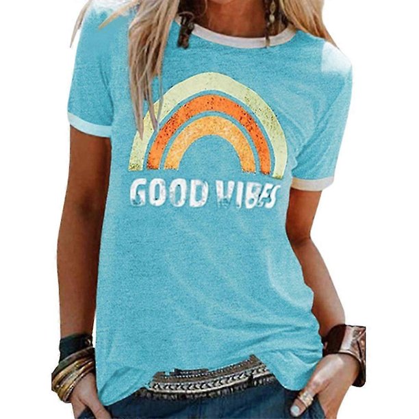 Good Vibes Letter Print T-shirt Pride Shirt For Women,rainbow Graphic Tee Lgbt Equality Casual Short Sleeve Summer Funny Tops
