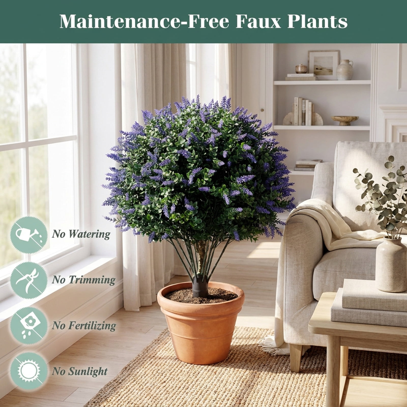 Vebreda Artificial Plant Decor, 2 Pack Artificial Lavender Boxwood Topiary Ball Trees with Ground Spikes, Natural Look with Floral Accent