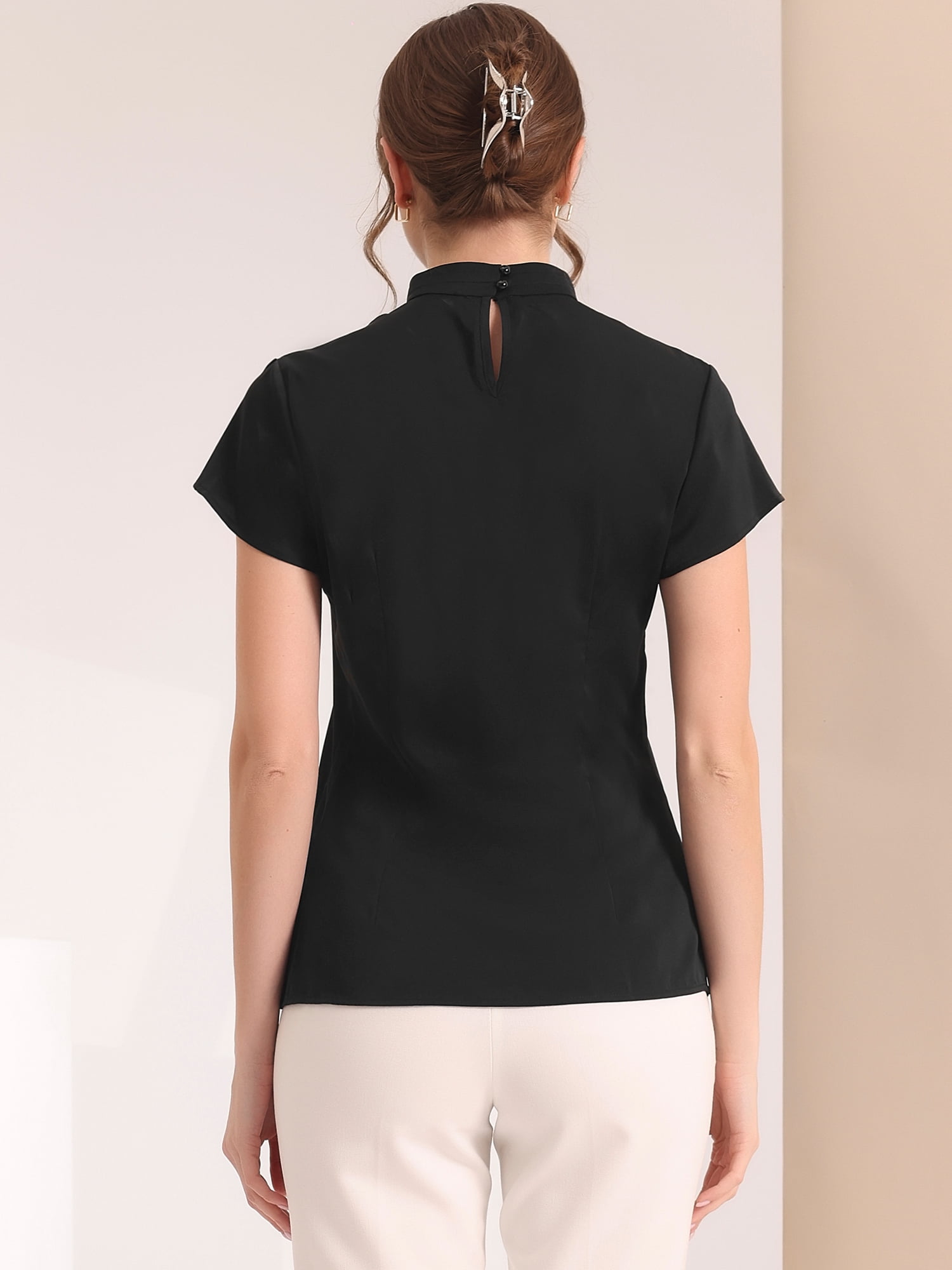 DARING DIVA Stand Collar Cap Sleeve Keyhole Back Blouse L Black