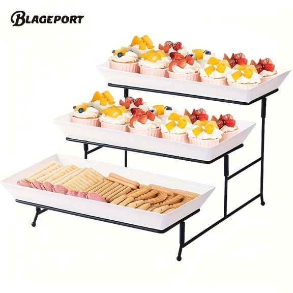 3-Tier Foldable Dessert Stand - Metal Display Rack & Plastic Trays, Snack/Cupcake Serving Tray, Perfect for Home Gatherings Parties Weddings, Table Decor Party Supplies (1 Pc)