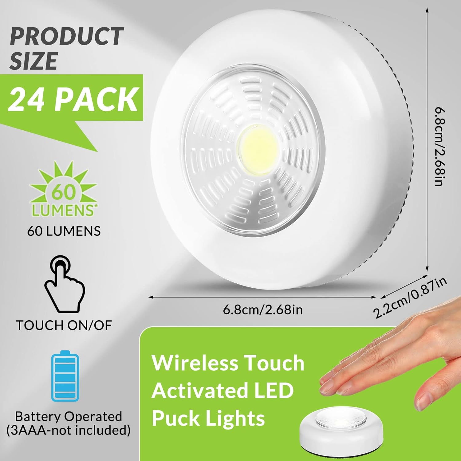 24 Pieces LED Puck Lights Wireless Under Cabinet Lighting 60 Lumens Portable Push Battery Operated Lights Mini Touch Closet Lights Stick on Lights DIY Tap Lights for Counter Wall, White
