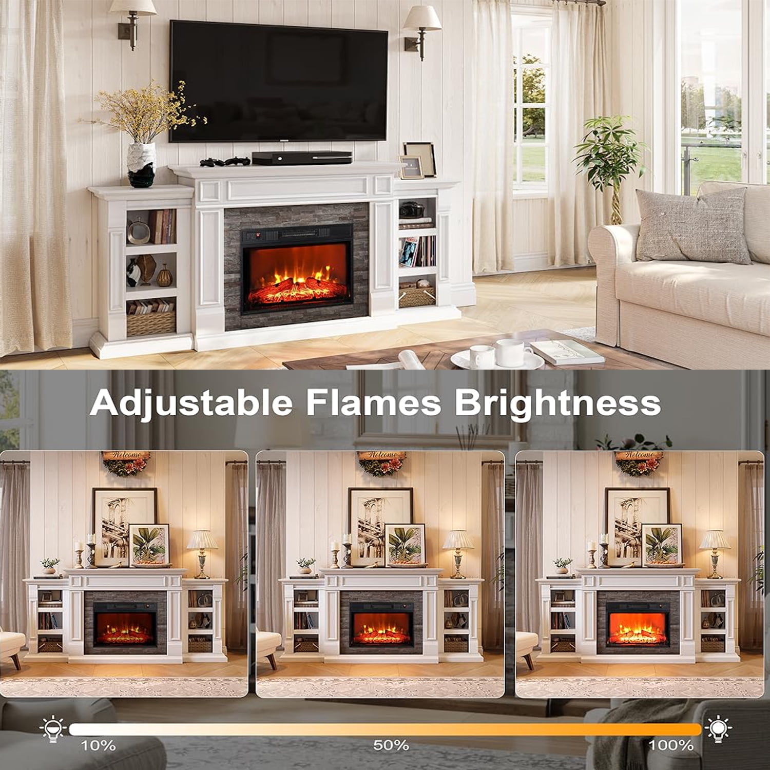 Electric Fireplace with 70" Mantel, Stacked Stone Surround with 23" Fireplace Insert, Adjustable Flame, Remote Control, White & Brown
