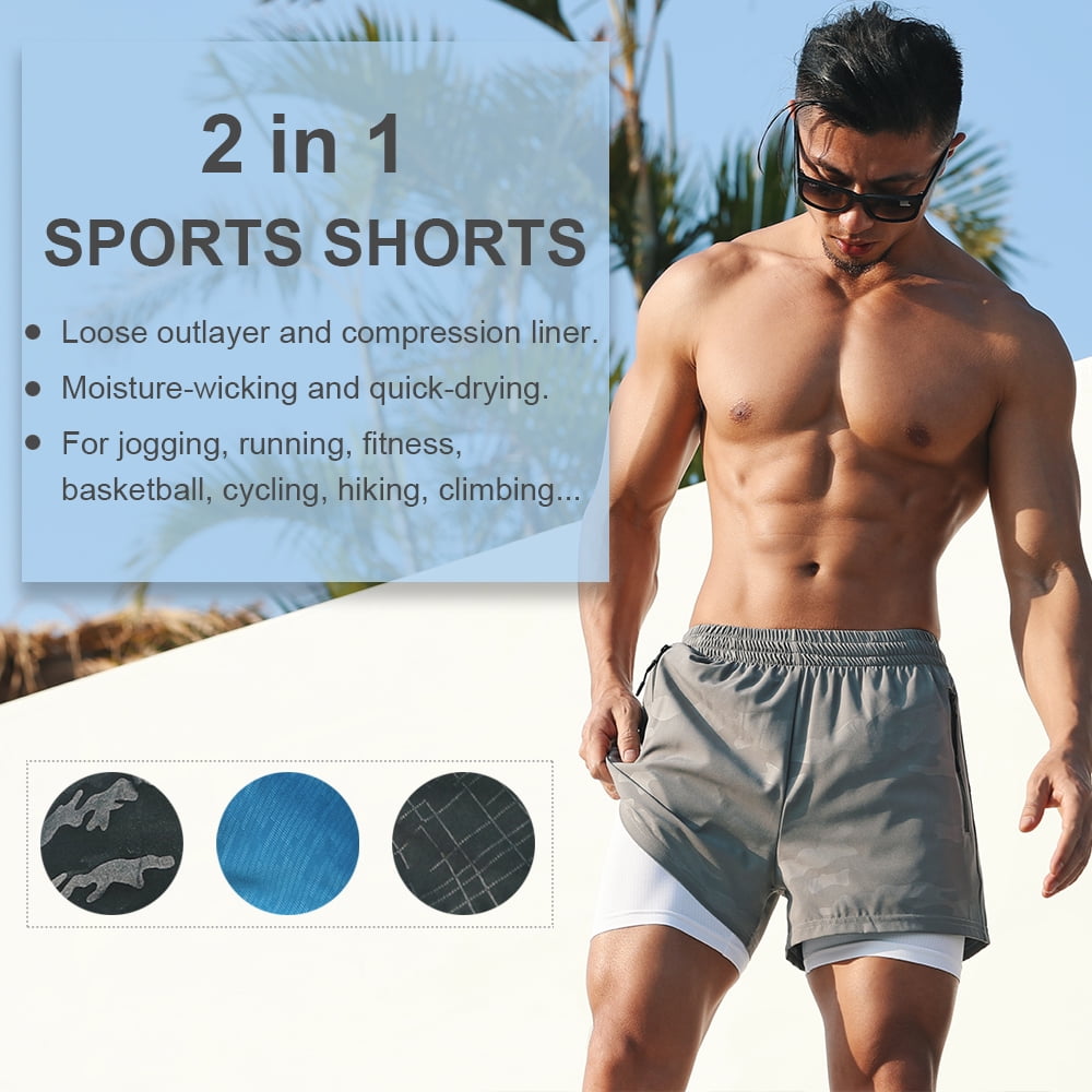 Short de course 2 en 1 pour homme avec poches doublure de compression Gym Training Fitness Workout Short Pants Walmart