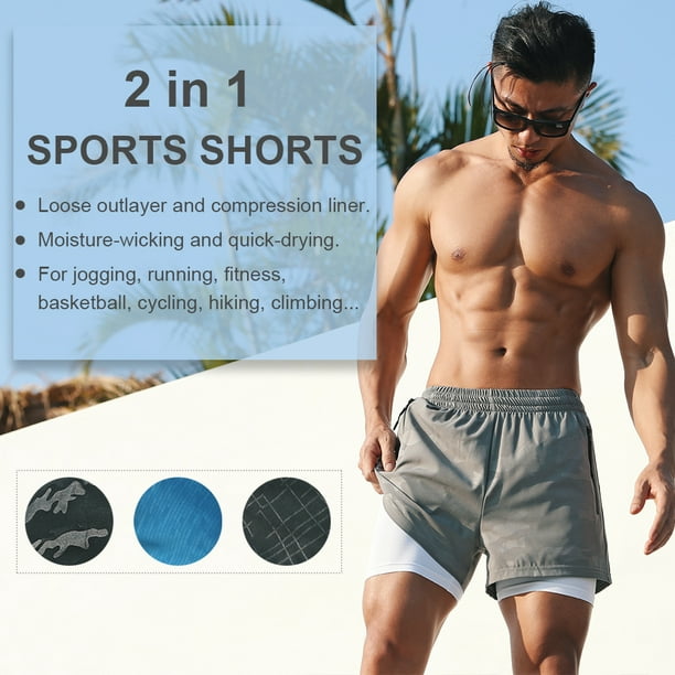 Men's 2 in 1 Running Shorts with Pockets Compression Liner Gym Training  Fitness Workout Short Pants 
