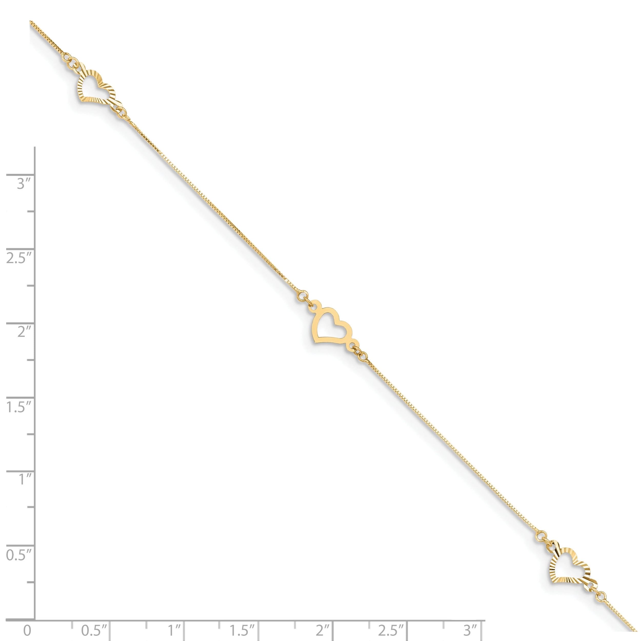Primal Gold 14 Karat Yellow Gold Fancy Heart 9-inch Plus 1-inch Extension Anklet
