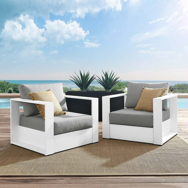 Modway Tahoe Ensemble de 2 Fauteuils d'Extérieur pour Patio en Aluminium Enduit de Poudre, Blanc Gris