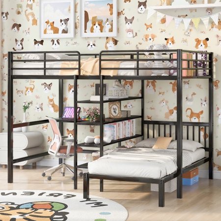 Bellemave Twin Over Full Bunk Bed with Desk, L-Shape Heavy-Duty Bunk Beds Frame with Storage Shelves, Metal Full Size Loft Bed with Twin Size Down Bed for Bedroom(Black）