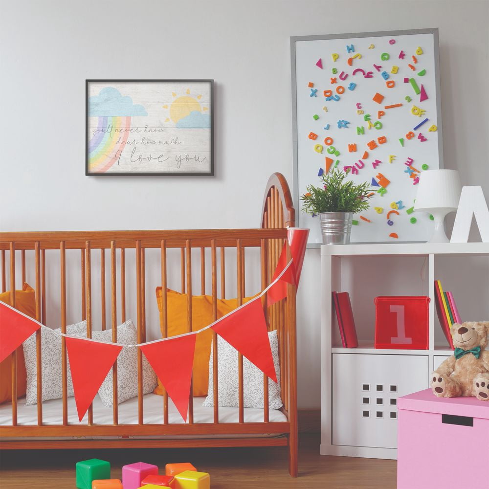 The Kids Room by Stupell How Much I Love You Rainbow Clouds and Sun on Planks Framed Giclee Texturized Art