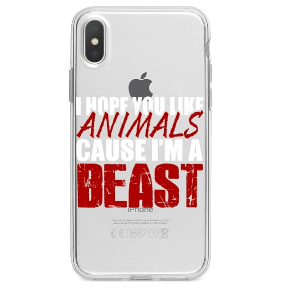 DistinctInk Clear Shockproof Hybrid Case for iPhone XR (6.1" Screen) - TPU Bumper Acrylic Back Tempered Glass Screen Protector - I Hope You Like Animals Cause I'm A Beast