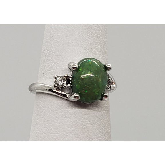 Size 5, Green Fire Opal Silver Ring