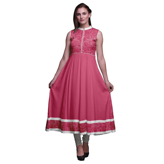 Bimba Kurti Longue Indienne Rose Art & Craft pour Femmes Tenue de Fête Imprimée Sans Manches Robe Anarkali Kurti XXX-Large