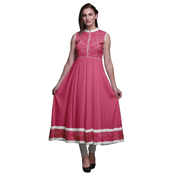 Bimba Pink Art & Craft Printed Women Designer Mandarin Collar Anarkali Dress Indian Ethnic Kurta X-Large