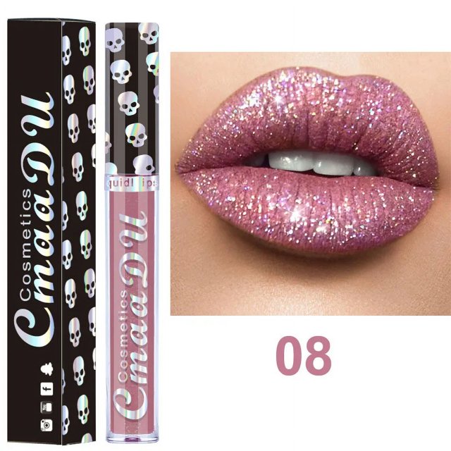 Brillo de labios de 8 colores con forma de calavera láser, lápiz labial de diamante fantasma, brillo de labios de metal brillante, maquillaje cosmético sexy en ciruela, herramientas de belleza