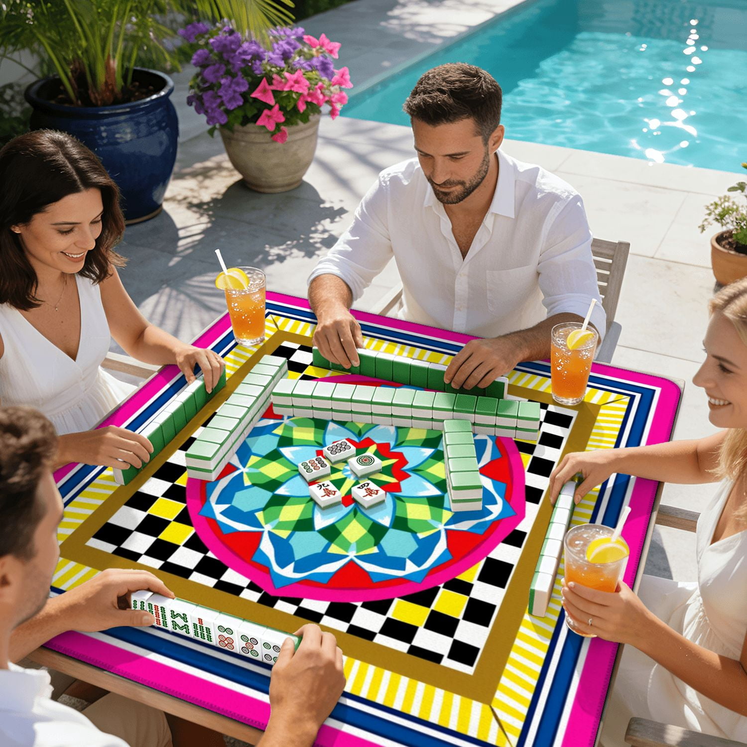 Mahjong Mat 31.5" x 31.5" Vibrant Geometric Mandala Checkerboard Bright Color Borders Non-Slip Noise Reduction American Mahjong Tiles Table Cover for Dominoes Poker Card Board Games Gift