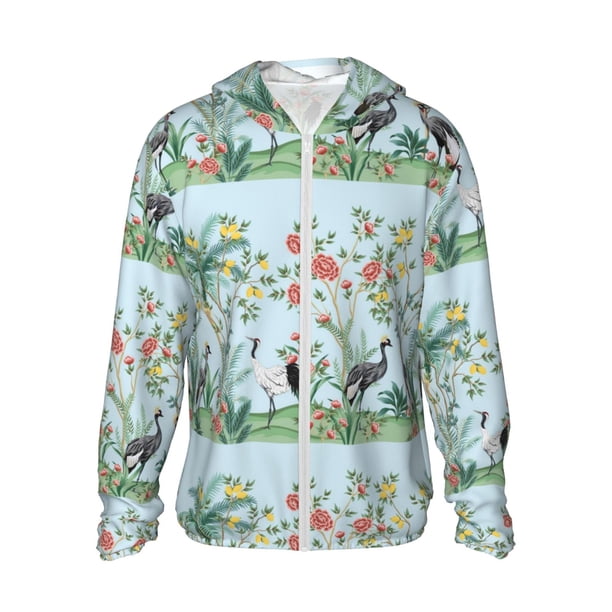 Fotbe Chinoiserie Floral Palm Tree Chaqueta con Protección Solar UPF 50+ para Hombre y Mujer, Camisa con Capucha y Bolsillos-Small