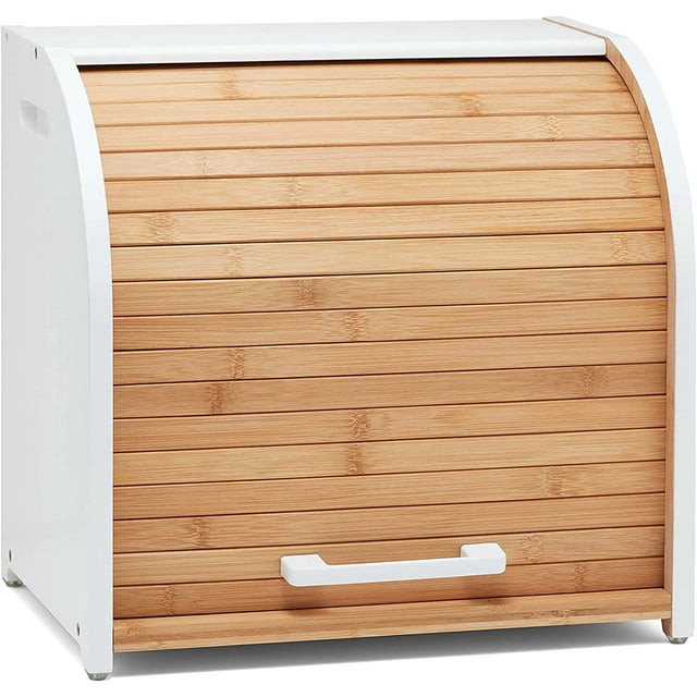 HOMEFULLY Bamboo Double Layer Bread Box for Kitchen Countertop, Roll Top Bread Box Wood, Extra Large Bread Box for Kitchen Storage, Modern Bread Bin Wooden (White)