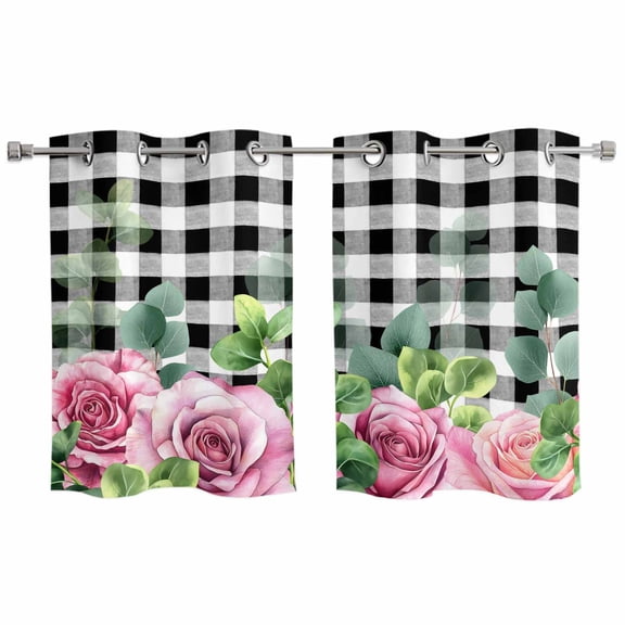 2 Panels Kitchen Tier Curtains 39 Inch Length, Spring Pink Roses Grommets Window Treatment Curtain, Pastoral Eucalyptus Black White Plaid Thermal Curtains Drapes for Living Room/Bathroom