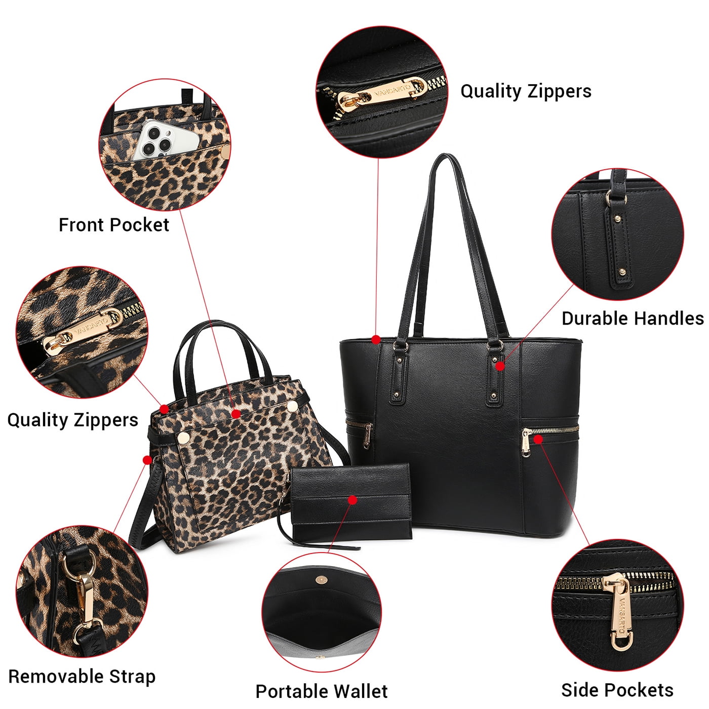 VANSARTO Women's Vegan Leather Tote Handbag Set, Black/Leopard, 3 Piece