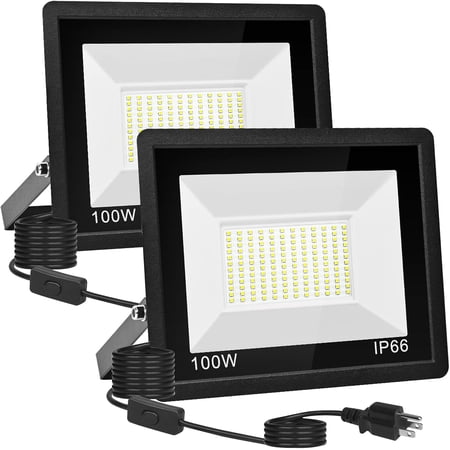 2 packs 100 floodlights outdoor, 10000 super bright outdoor work lights with plug, 66 waterproof safety lights, 5000 daylight white floodlights outdoor for garden yard playground field