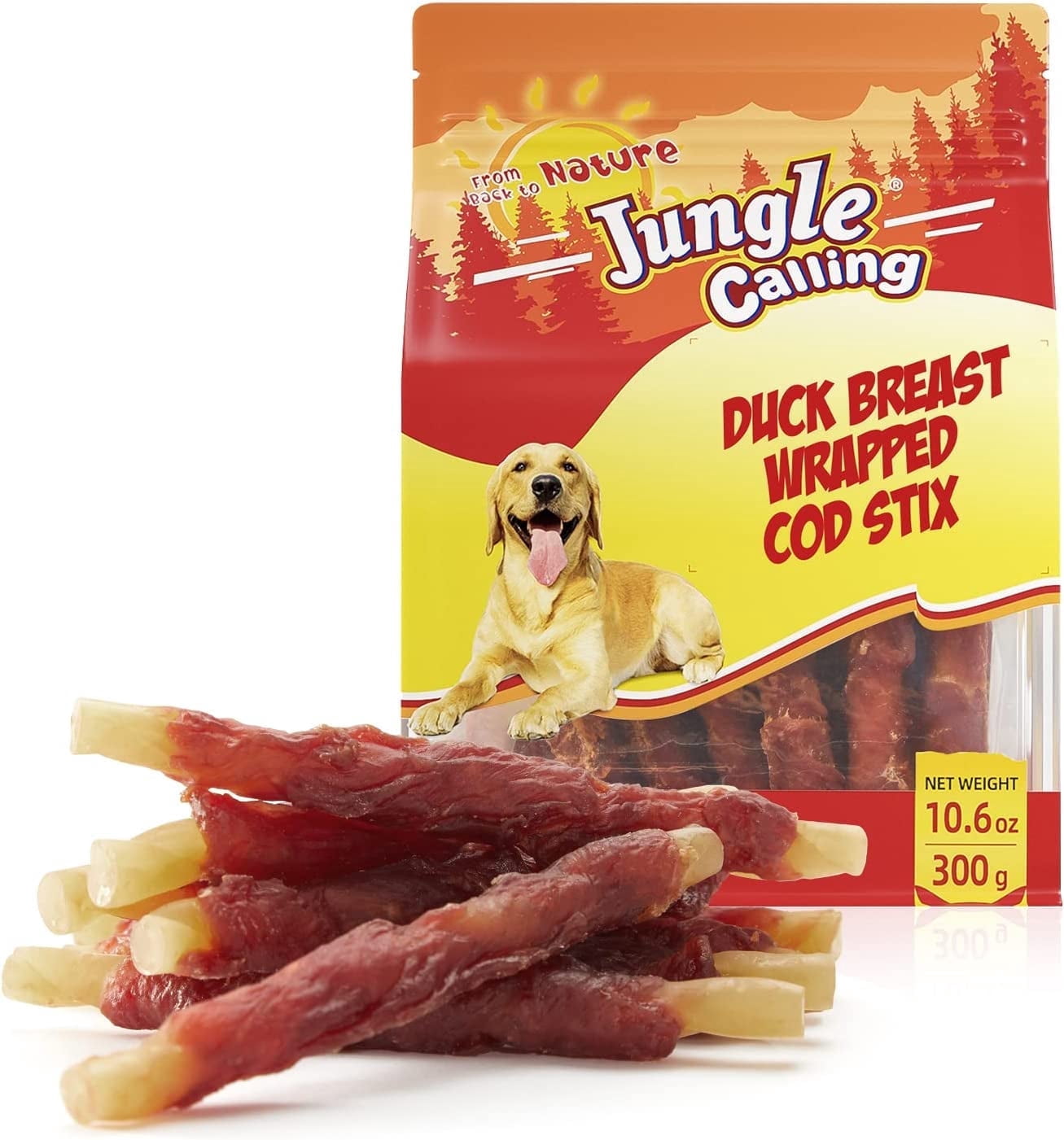 (5 pack) Jungle Calling Duck Wrapped Cod Sticks Dog Treats Rawhide Training Snacks Natural Chewy Sticks