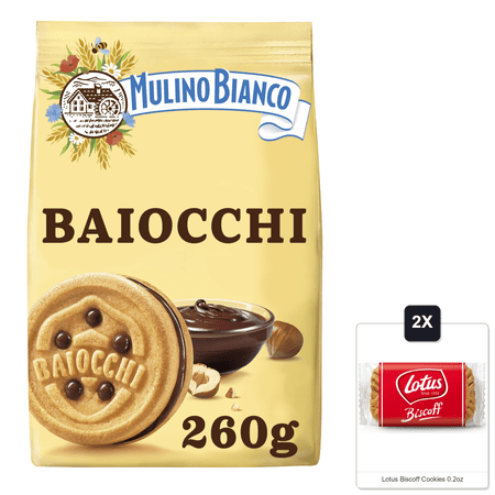 Mulino Bianco:"I Baiocchi" Cookies With Cream Hazelnut And Cocoa - 9.17 Oz (260G) [ Italian Import ] & 2x Lotus Biscoff Cookies 0.2oz