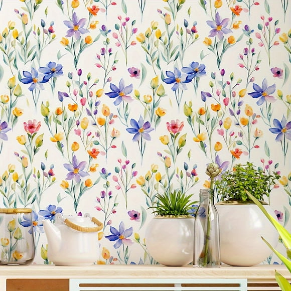 Floral Self-Adhesive Wallpaper Roll - Watercolor Botanical Sketch, Detachable, Easy Clean, Peel and Stick Wall Covering for Home Decor, Kitchen, and Room Renovation - Vintage Thickened Flower Greenery
