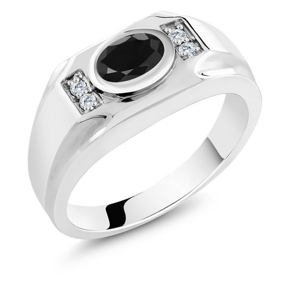 Gem Stone King Men's 925 Sterling Silver Black Sapphire and White Moissanite Ring (1.81 Cttw, Gemstone September Birthstone, Oval 8X6MM,, Size 9)
