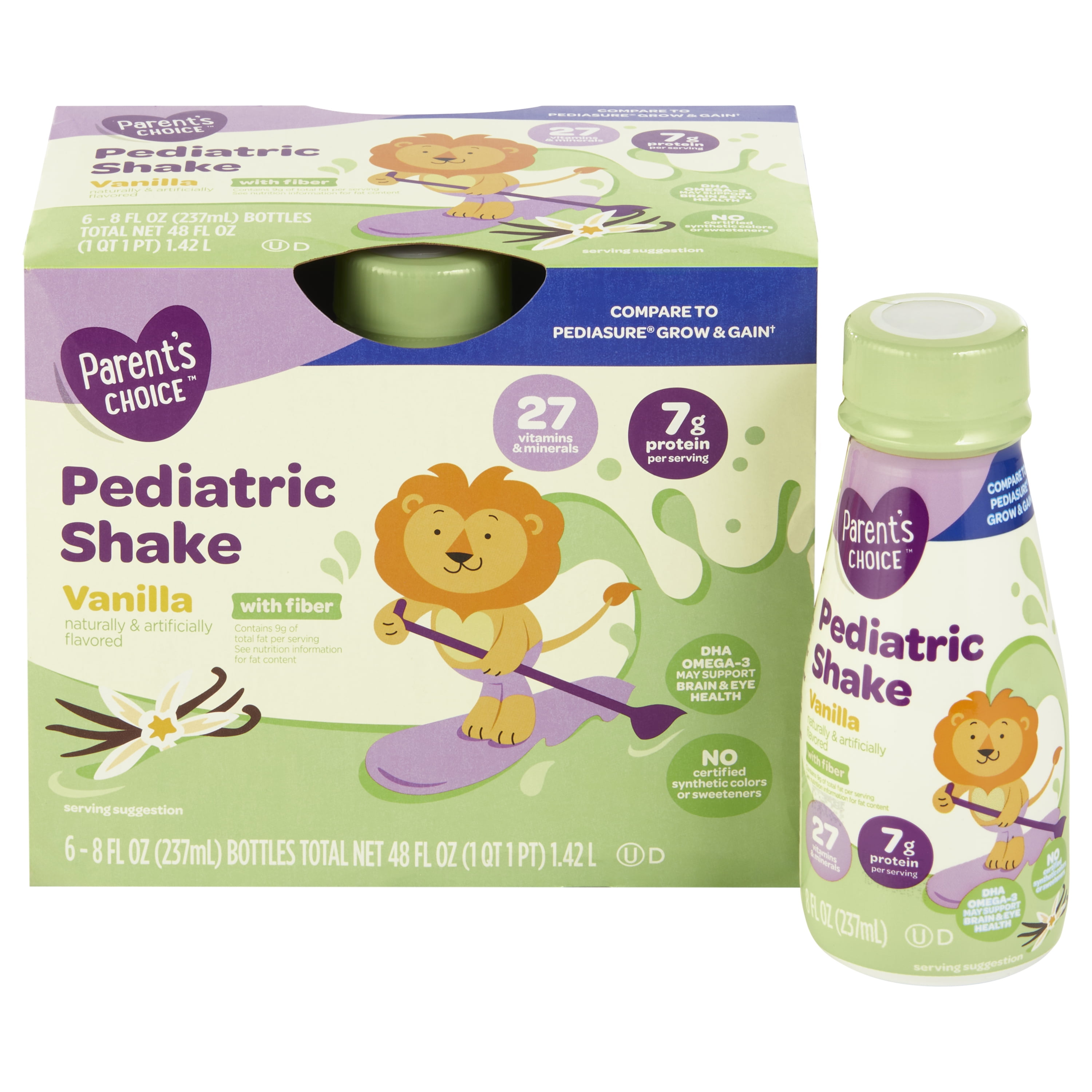 (3 pack) Parent's Choice Pediatric Shake, Vanilla with Fiber, 8 fl oz Bottle, 6 Shakes