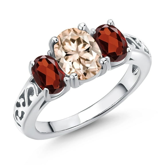 Gem Stone King 925 Sterling Silver Peach Morganite and Red Garnet Filigree Style 3 Stone Ring for Women (2.14 Cttw, Oval 8X6MM and 6X4MM) (Size 8)