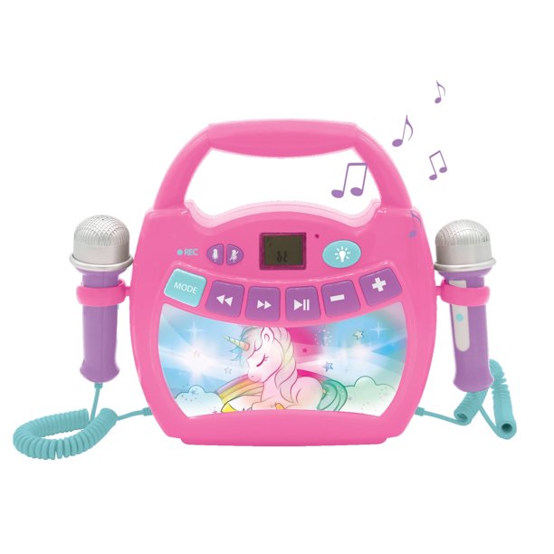 Lexibook Unicorn - Reproductor digital de karaoke Portátil para Niños: Micrófonos, Efectos de Luz, Bluetooth, Funciones de Grabación y Cambio de Voz, Batería Recargable, Color Rosa, MP320UNIZ