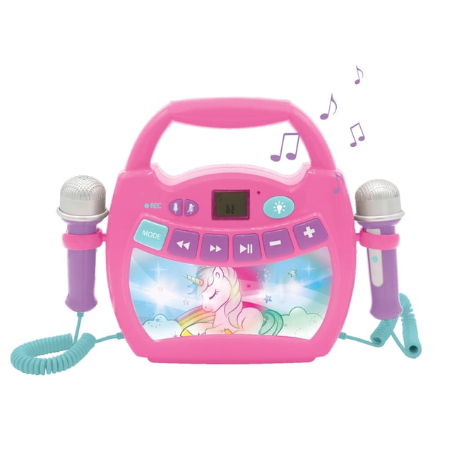 Lexibook Unicorn - Reproductor digital de karaoke Portátil para Niños: Micrófonos, Efectos de Luz, Bluetooth, Funciones de Grabación y Cambio de Voz, Batería Recargable, Color Rosa, MP320UNIZ