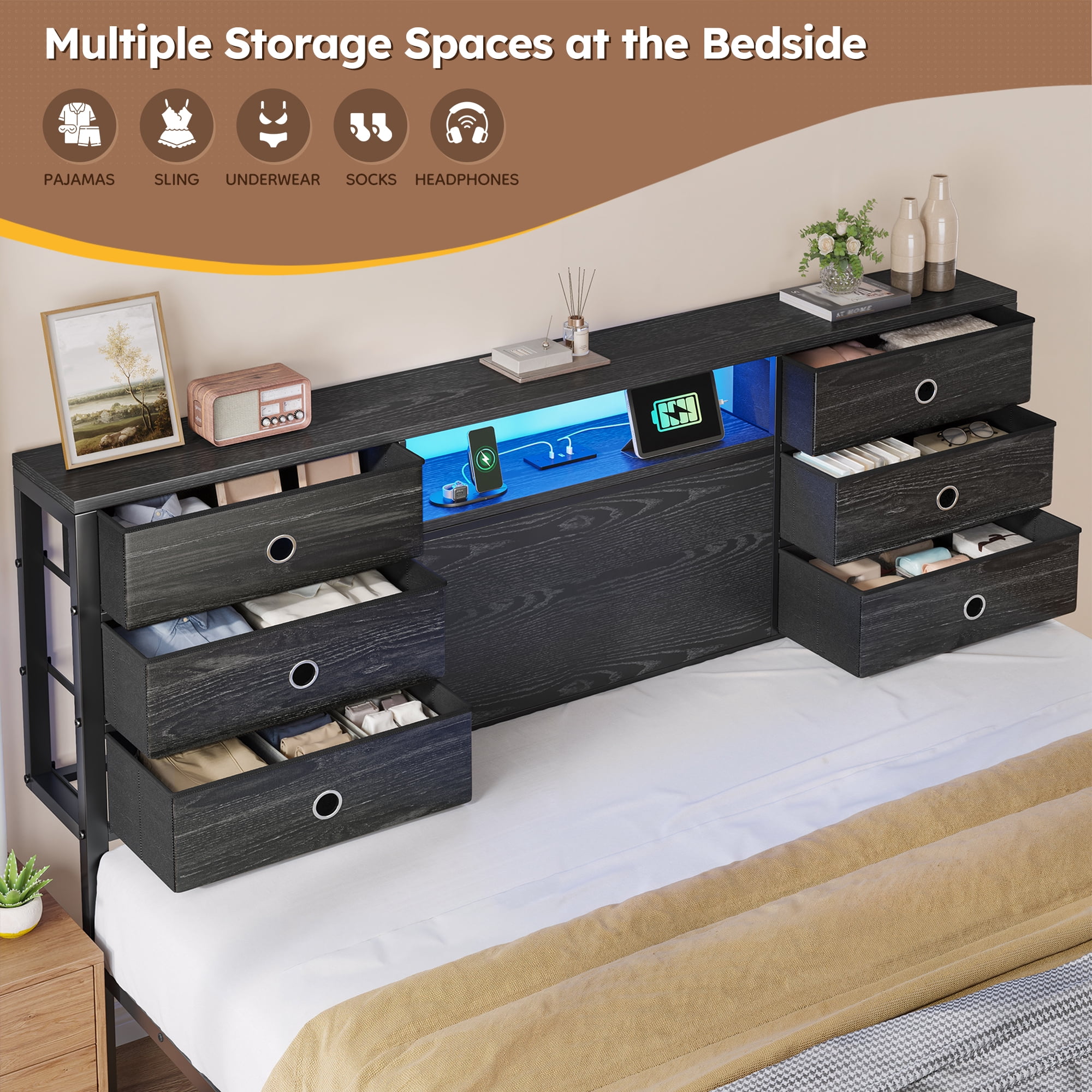 EnHomee Metal Bed Frame with 9 Storage Drawers Metal Bed Frame King with Headboard & LED Light & Charge Station,Black