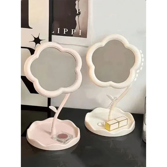Pink Flower Desk Mirror, Aesthetic Cute Makeup Mirror with Stand, Small Portable Tabletop Vanity Mirror for Office Cubicle, Bedroom, and Student Dormitory