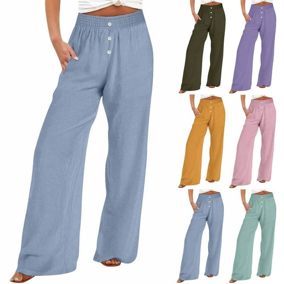 Miluxas Womens Elastic High Waisted Palazzo Pants Solid Casual Wide Leg Long Lounge Trousers Yellow 10(XL)