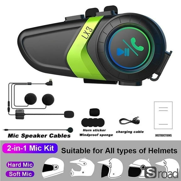 80-Hour Battery Motorcycle Helmet Bluetooth Headset, LX3 Bluetooth 5.0 Wireless Headset With Noise Cancellation For Hands-Free Calls & Music, Universal Fit For Full Face Open Face Helmets,Green
