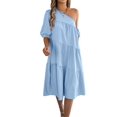 thumbnail image 3 of Women'S Boho One Shoulder Short Sleeve Smocked Ruffle Swing Midi Dress Light Blue L, 3 of 10