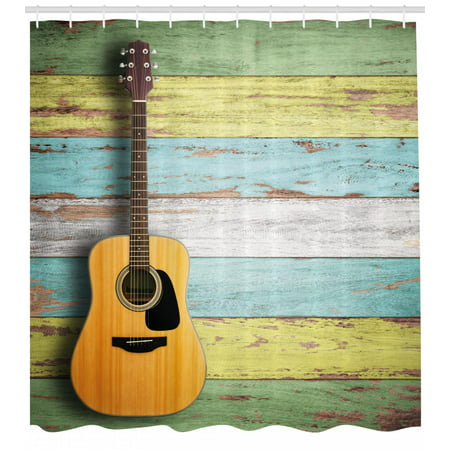 Music Shower Curtain, Acoustic Guitar on Colorful Painted Aged Wooden Planks Rustic Country Design Print, Fabric Bathroom Set with Hooks, Multicolor, by